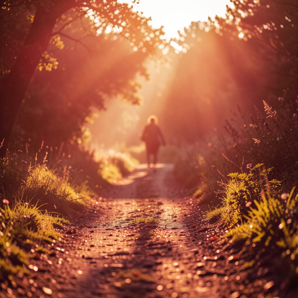 A warm golden-hour photograph of a laboratory pathway illustration with soft amber highlights and deep charcoal shadows.